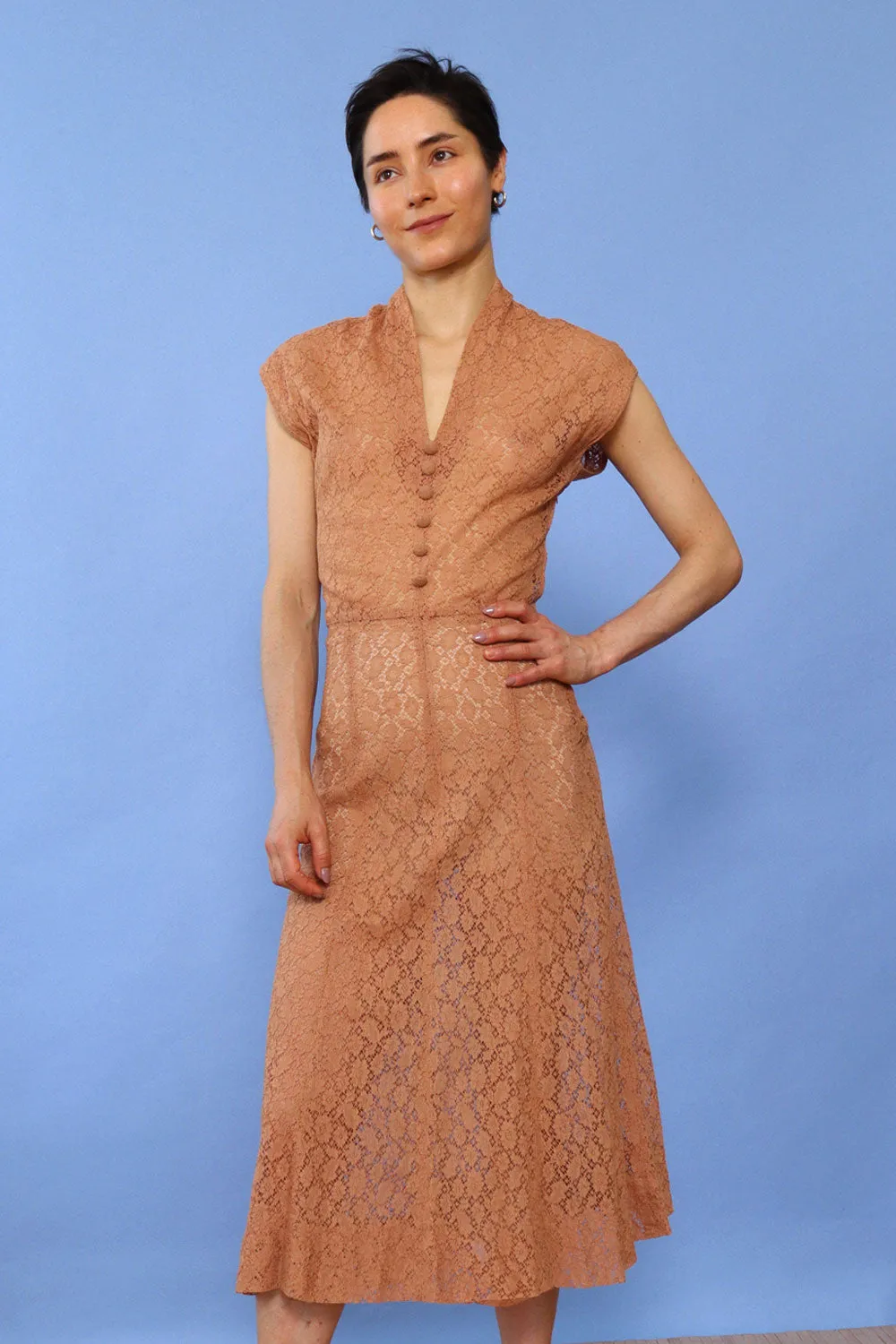 1940s Nougat Netted Lace Dress XS