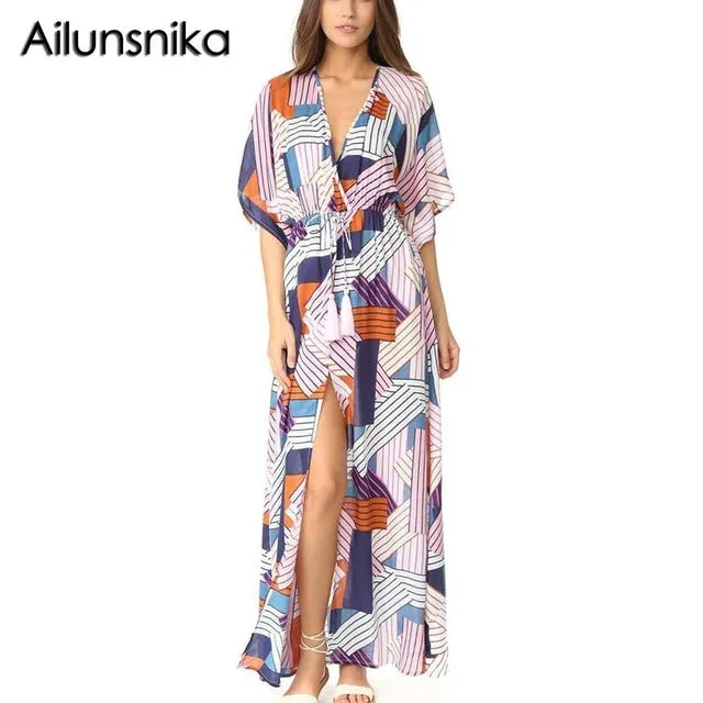 Ailunsnika Plus Size Women Summer African Ethnic Print Kaftan Maxi Dress 2018 Summer Loose Vintage Boho Beach Long Dress MX352