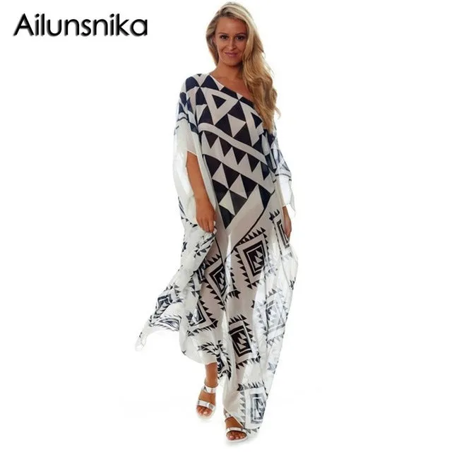 Ailunsnika Plus Size Women Summer African Ethnic Print Kaftan Maxi Dress 2018 Summer Loose Vintage Boho Beach Long Dress MX352