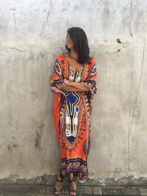 Ailunsnika Plus Size Women Summer African Ethnic Print Kaftan Maxi Dress 2018 Summer Loose Vintage Boho Beach Long Dress MX352