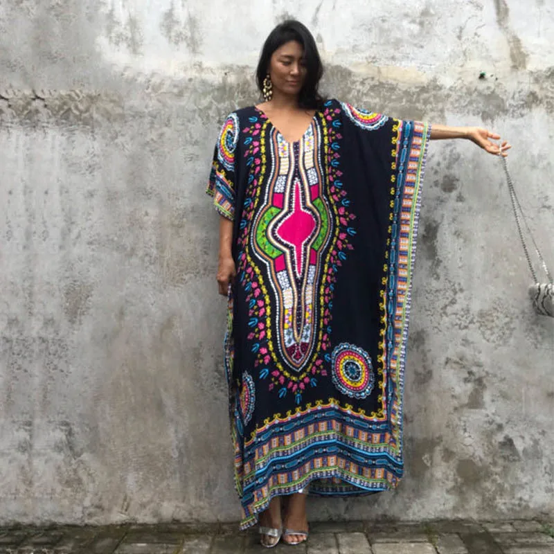 Ailunsnika Plus Size Women Summer African Ethnic Print Kaftan Maxi Dress 2018 Summer Loose Vintage Boho Beach Long Dress MX352