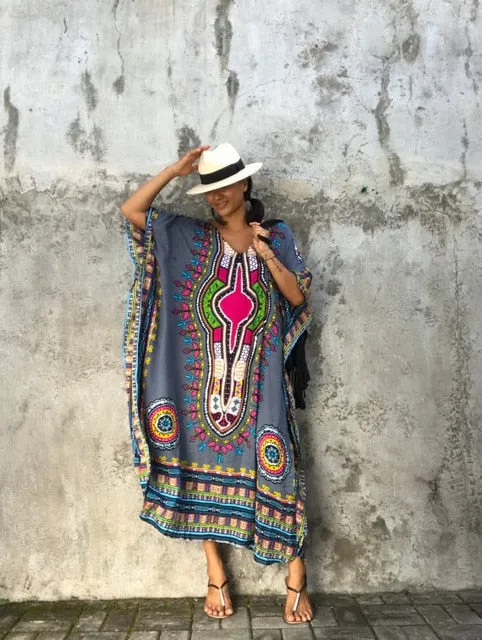 Ailunsnika Plus Size Women Summer African Ethnic Print Kaftan Maxi Dress 2018 Summer Loose Vintage Boho Beach Long Dress MX352