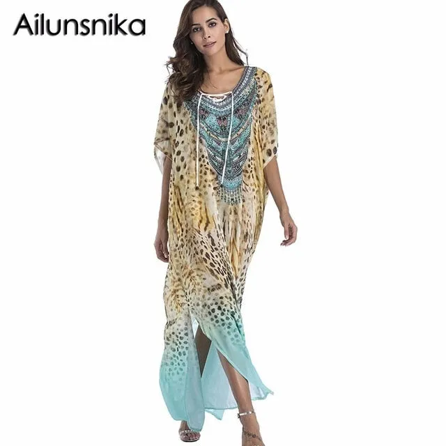 Ailunsnika Plus Size Women Summer African Ethnic Print Kaftan Maxi Dress 2018 Summer Loose Vintage Boho Beach Long Dress MX352
