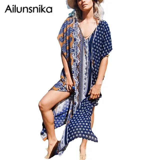 Ailunsnika Plus Size Women Summer African Ethnic Print Kaftan Maxi Dress 2018 Summer Loose Vintage Boho Beach Long Dress MX352