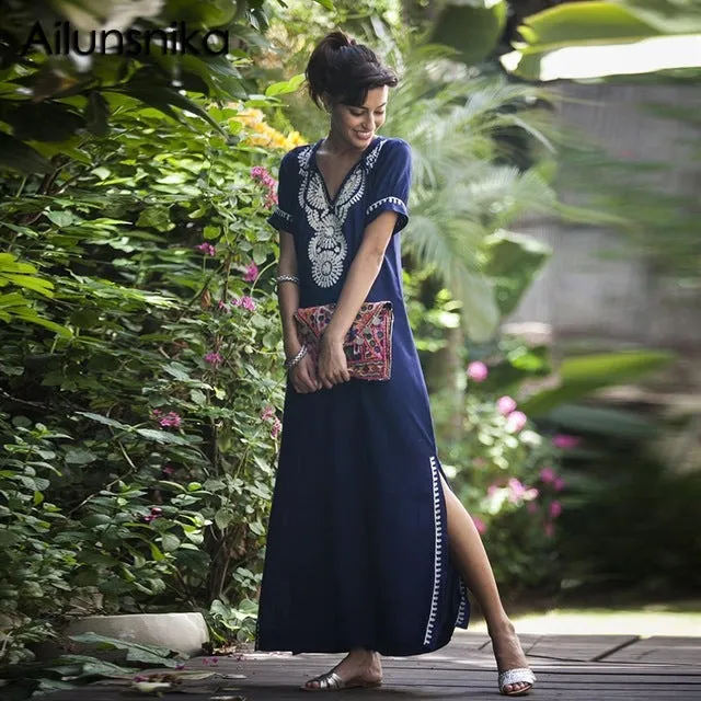 Ailunsnika Plus Size Women Summer African Ethnic Print Kaftan Maxi Dress 2018 Summer Loose Vintage Boho Beach Long Dress MX352