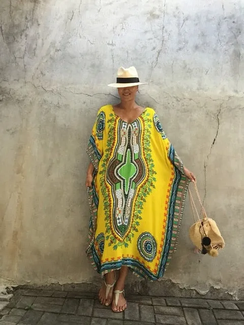 Ailunsnika Plus Size Women Summer African Ethnic Print Kaftan Maxi Dress 2018 Summer Loose Vintage Boho Beach Long Dress MX352