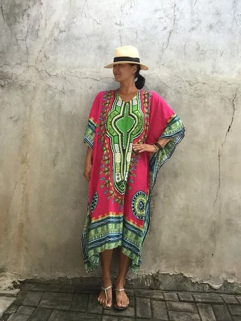 Ailunsnika Plus Size Women Summer African Ethnic Print Kaftan Maxi Dress 2018 Summer Loose Vintage Boho Beach Long Dress MX352