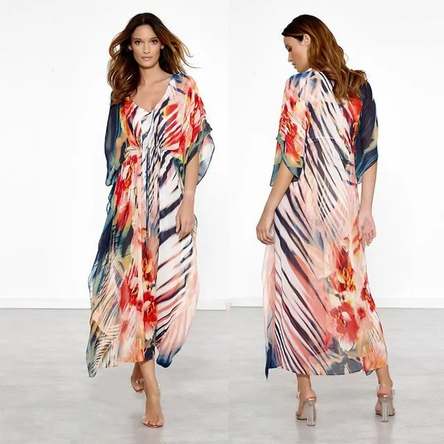 Ailunsnika Plus Size Women Summer African Ethnic Print Kaftan Maxi Dress 2018 Summer Loose Vintage Boho Beach Long Dress MX352