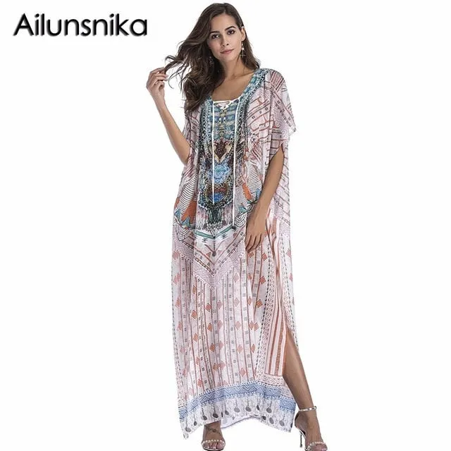 Ailunsnika Plus Size Women Summer African Ethnic Print Kaftan Maxi Dress 2018 Summer Loose Vintage Boho Beach Long Dress MX352