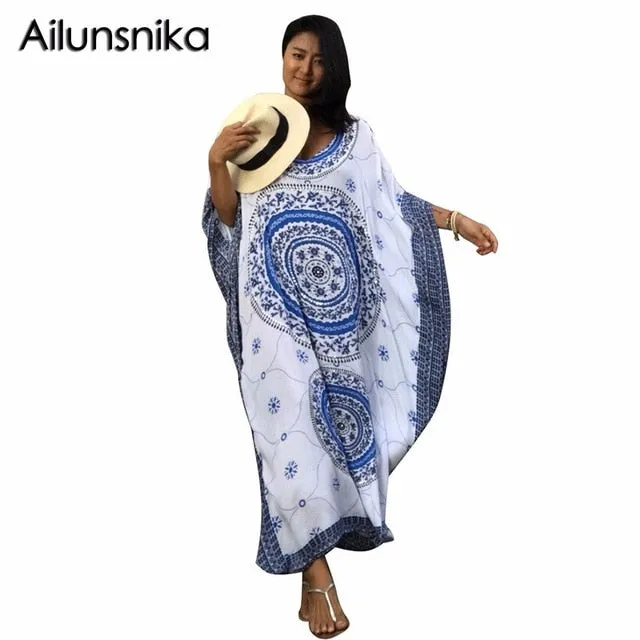 Ailunsnika Plus Size Women Summer African Ethnic Print Kaftan Maxi Dress 2018 Summer Loose Vintage Boho Beach Long Dress MX352