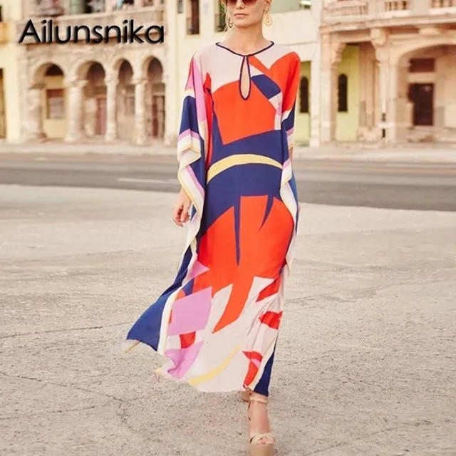 Ailunsnika Plus Size Women Summer African Ethnic Print Kaftan Maxi Dress 2018 Summer Loose Vintage Boho Beach Long Dress MX352