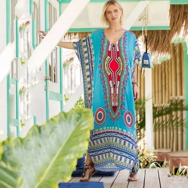 Ailunsnika Plus Size Women Summer African Ethnic Print Kaftan Maxi Dress 2018 Summer Loose Vintage Boho Beach Long Dress MX352