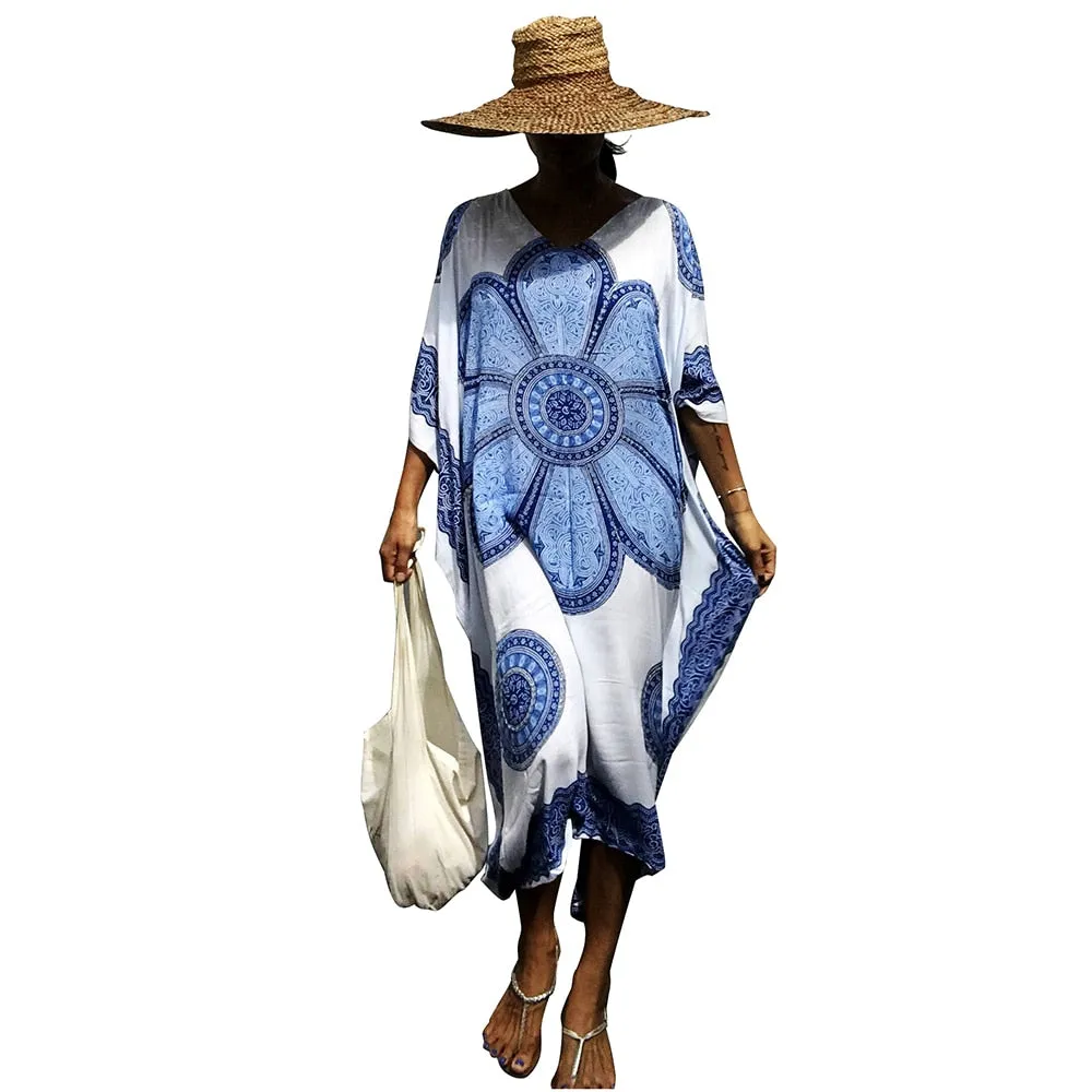 Ailunsnika Plus Size Women Summer African Ethnic Print Kaftan Maxi Dress 2018 Summer Loose Vintage Boho Beach Long Dress MX352