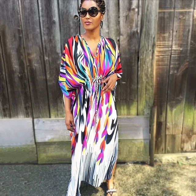 Ailunsnika Plus Size Women Summer African Ethnic Print Kaftan Maxi Dress 2018 Summer Loose Vintage Boho Beach Long Dress MX352
