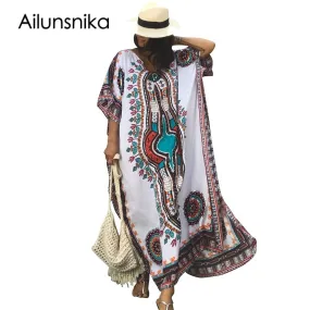Ailunsnika Plus Size Women Summer African Ethnic Print Kaftan Maxi Dress 2018 Summer Loose Vintage Boho Beach Long Dress MX352