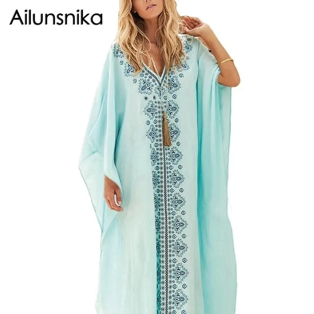 Ailunsnika Plus Size Women Summer African Ethnic Print Kaftan Maxi Dress 2018 Summer Loose Vintage Boho Beach Long Dress MX352