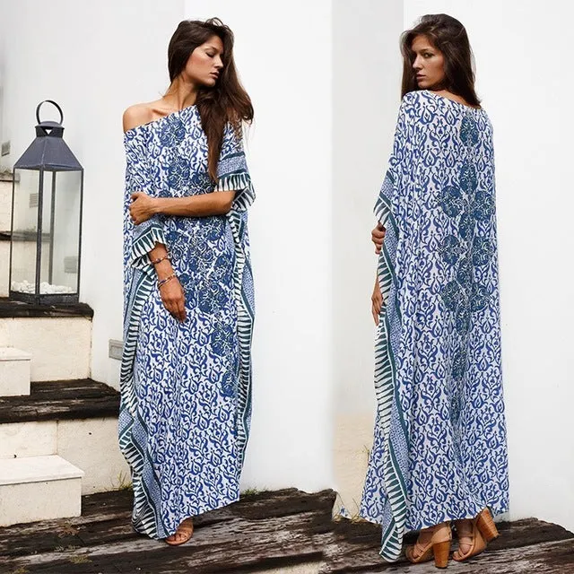 Ailunsnika Plus Size Women Summer African Ethnic Print Kaftan Maxi Dress 2018 Summer Loose Vintage Boho Beach Long Dress MX352