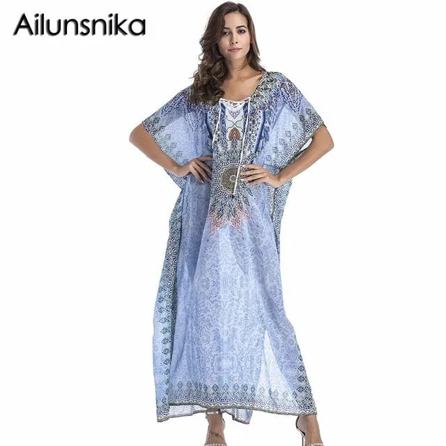 Ailunsnika Plus Size Women Summer African Ethnic Print Kaftan Maxi Dress 2018 Summer Loose Vintage Boho Beach Long Dress MX352