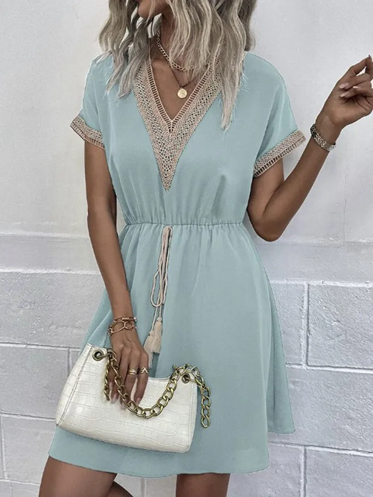 Bohemian V Neck Lace Up Stitching Midi Women's Dress