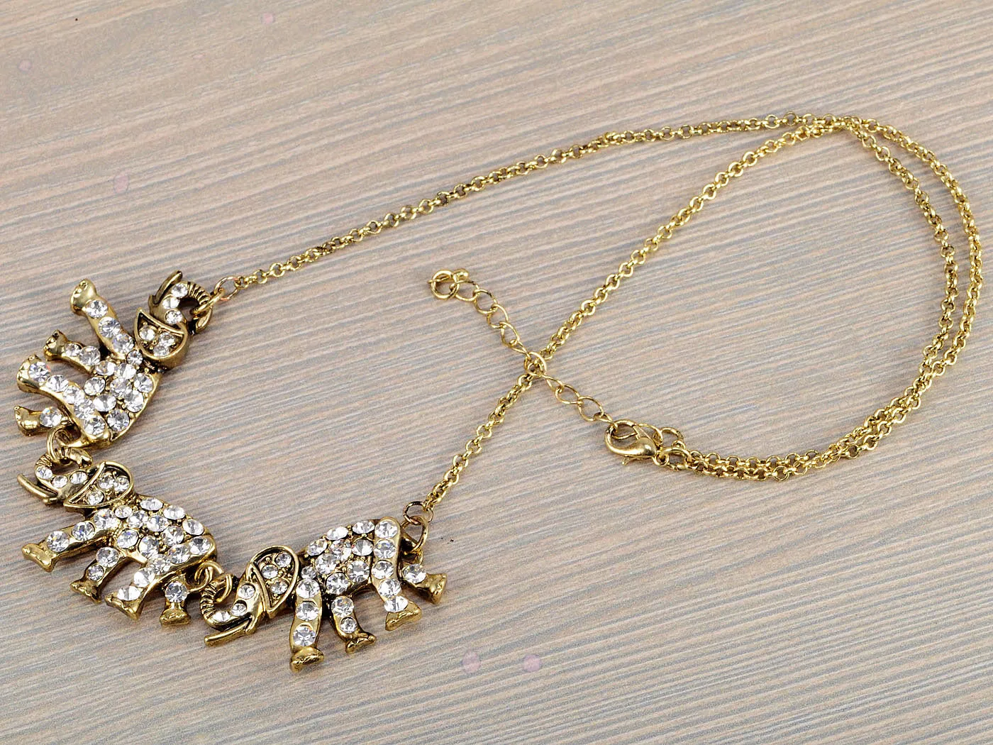 Bronze Three Linked Elephants Embellished Necklace