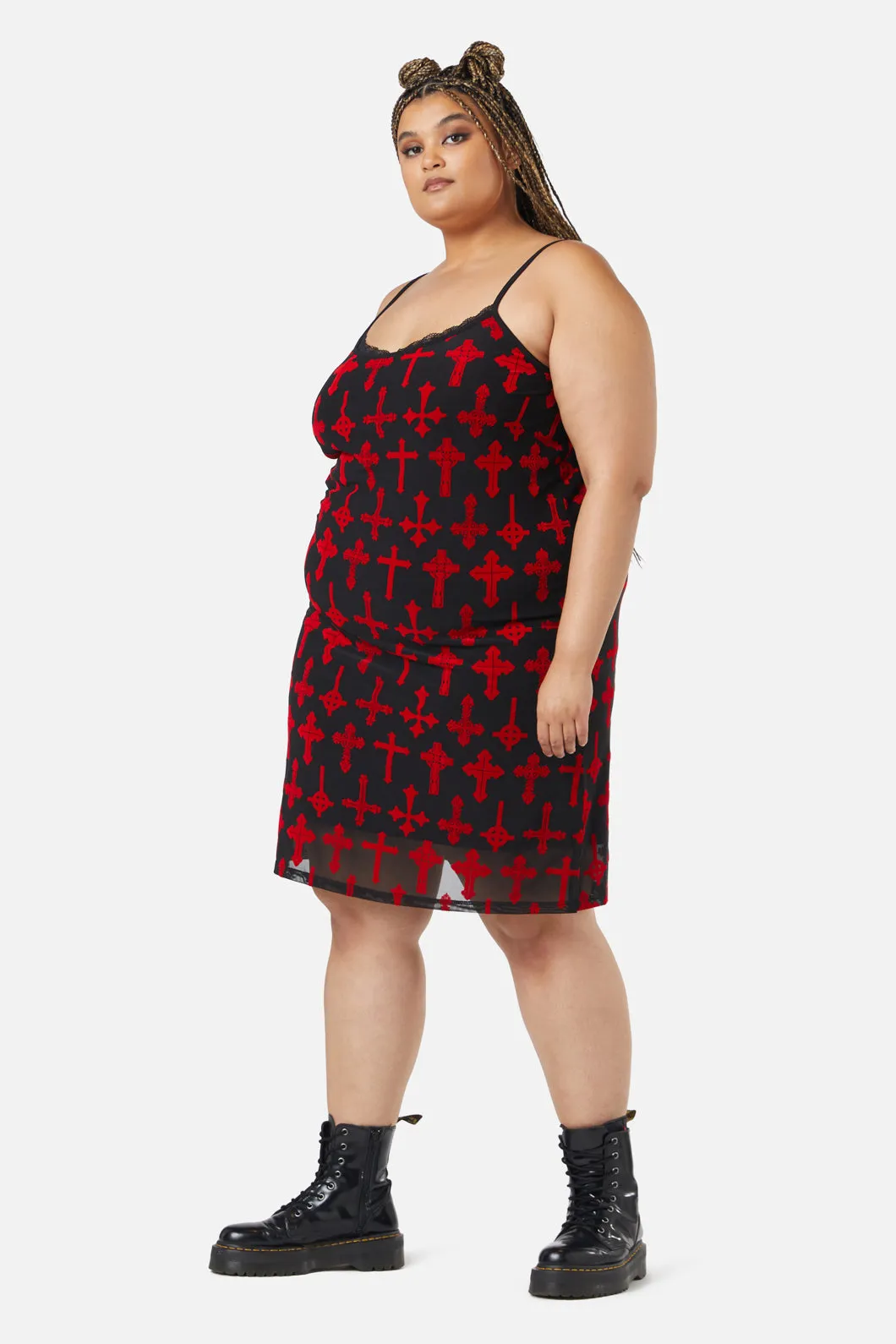 Curve Vowed Flocked Mesh Dress