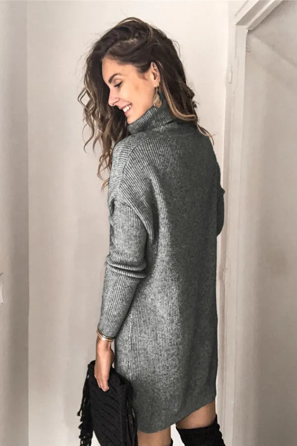 Dunnmall Fashion Solid Color Turtleneck Sweater Dress