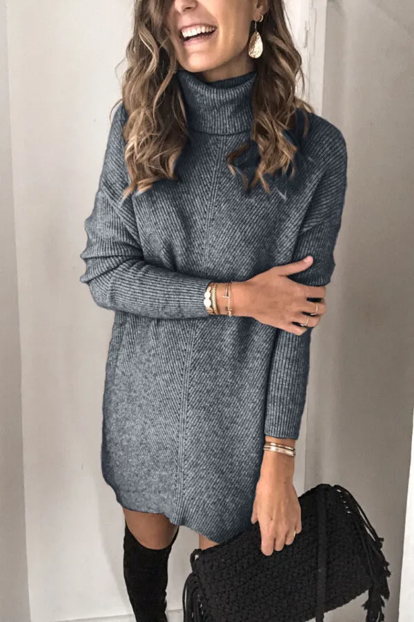 Dunnmall Fashion Solid Color Turtleneck Sweater Dress