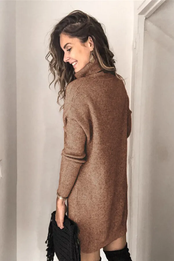 Dunnmall Fashion Solid Color Turtleneck Sweater Dress
