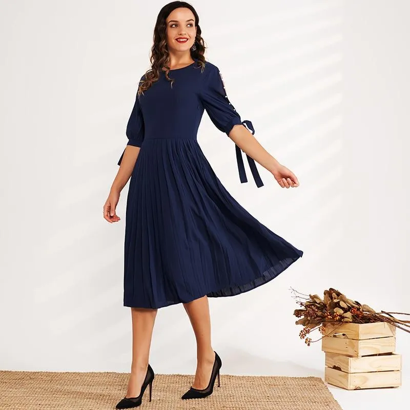 FashionSierra - Summer New Fashion Women's Dress Waist Solid Color Round Leader Hollow Pearl Bow Decoration Ol Sweet All-match Dress