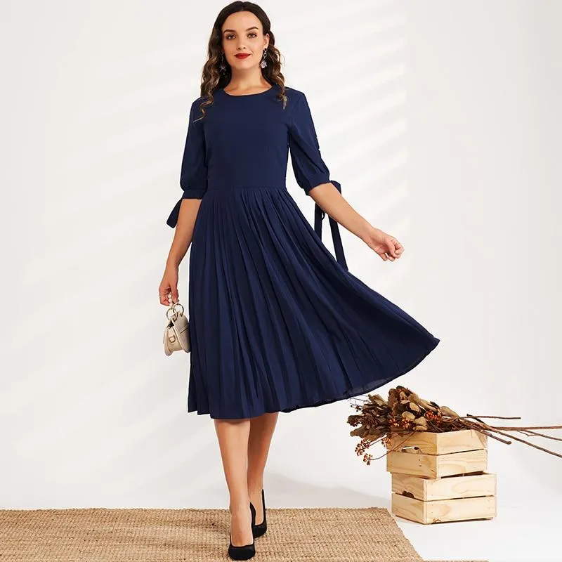 FashionSierra - Summer New Fashion Women's Dress Waist Solid Color Round Leader Hollow Pearl Bow Decoration Ol Sweet All-match Dress