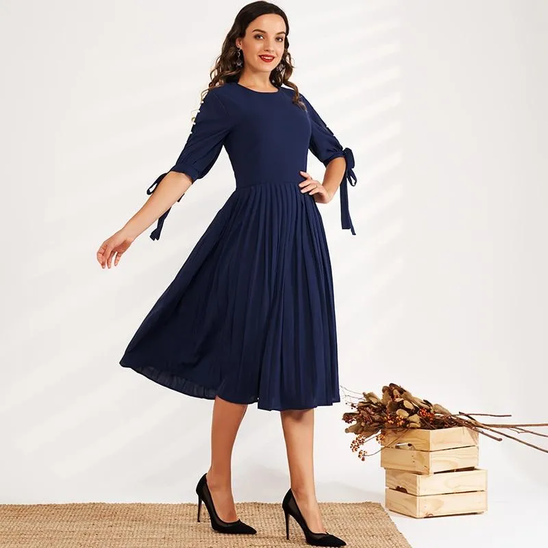 FashionSierra - Summer New Fashion Women's Dress Waist Solid Color Round Leader Hollow Pearl Bow Decoration Ol Sweet All-match Dress