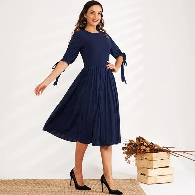 FashionSierra - Summer New Fashion Women's Dress Waist Solid Color Round Leader Hollow Pearl Bow Decoration Ol Sweet All-match Dress