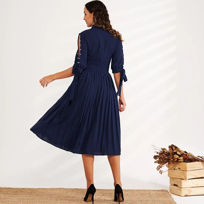 FashionSierra - Summer New Fashion Women's Dress Waist Solid Color Round Leader Hollow Pearl Bow Decoration Ol Sweet All-match Dress