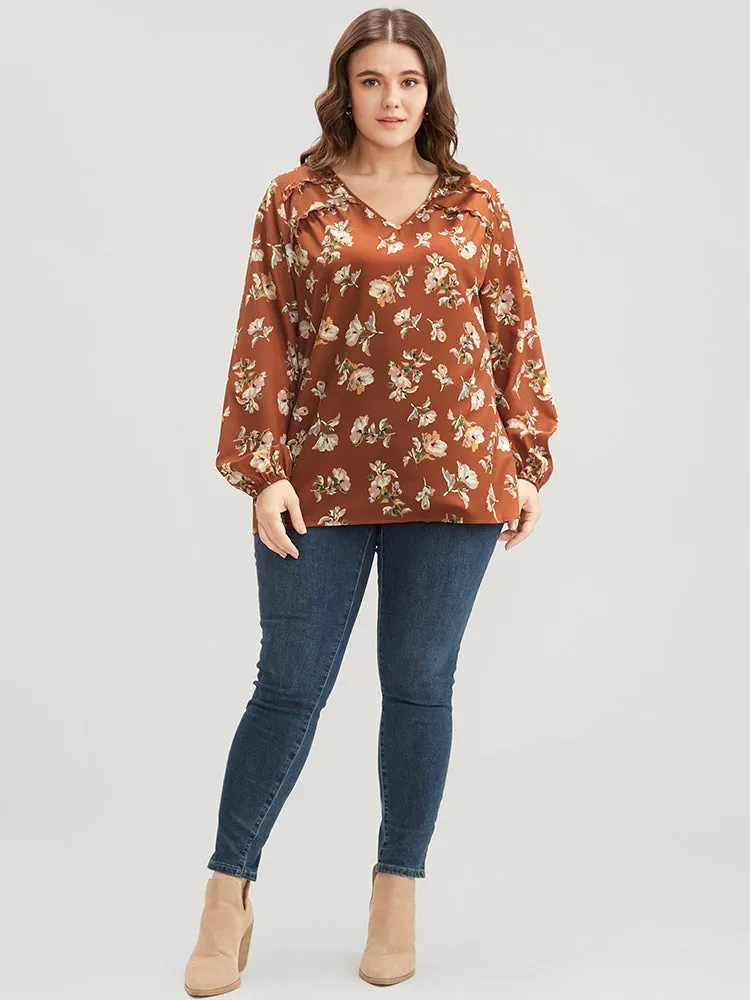 Floral V Neck Ruffles Trim Lantern Sleeve Blouse