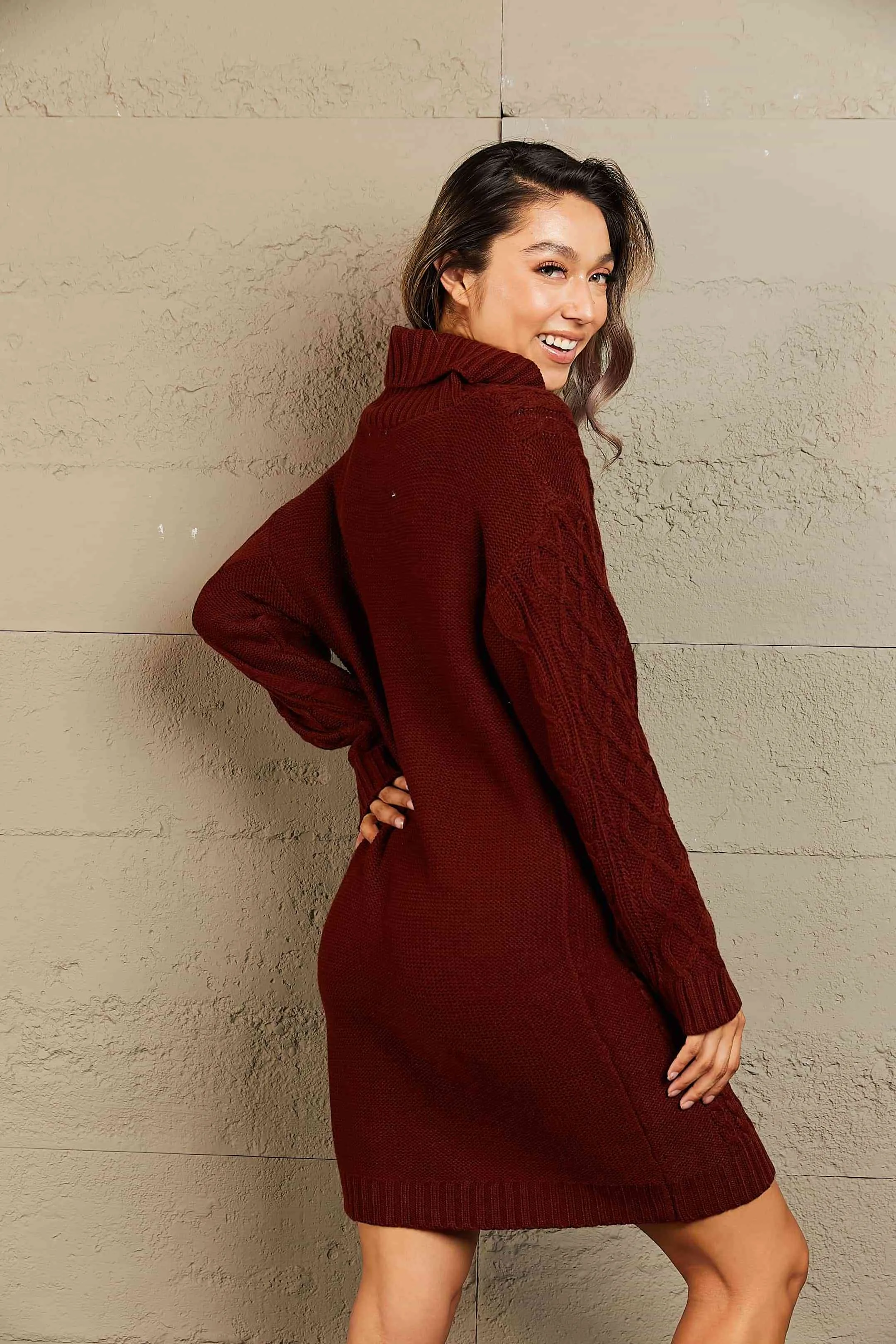 Full Size Mixed Knit Cowl Neck Dropped Shoulder Sweater Dress