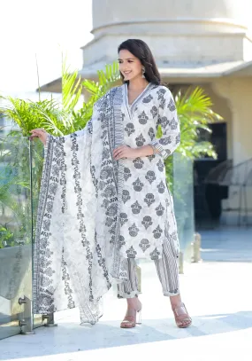 Grey Floral Printed Cotton Kurta Dhoti Pant & Dupatta Set