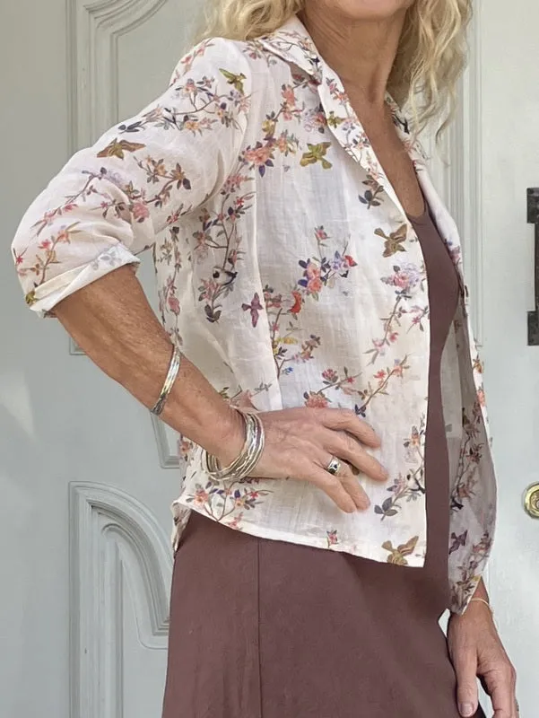 Jiva Fitted Shirt - Golden Bird Print - Ramie