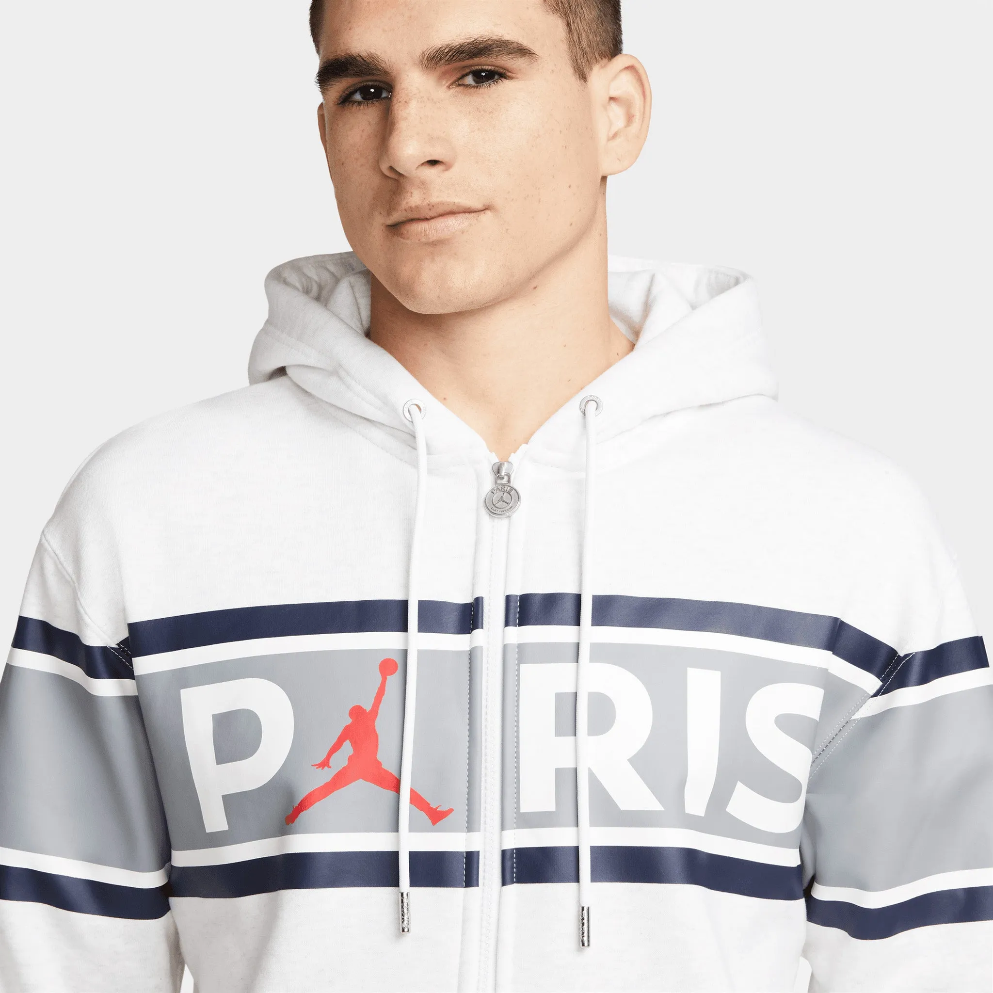 Jordan Paris Saint-Germain Full-Zip Fleece Hoodie Birch Heather / University Red