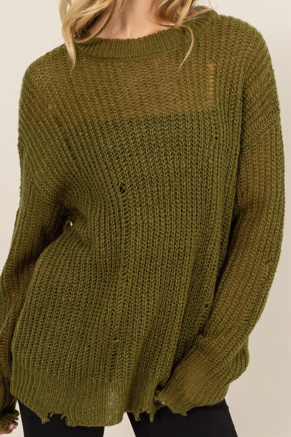 Knit Top US HYFVE Olive Green Distressed Long Sleeve Sweater