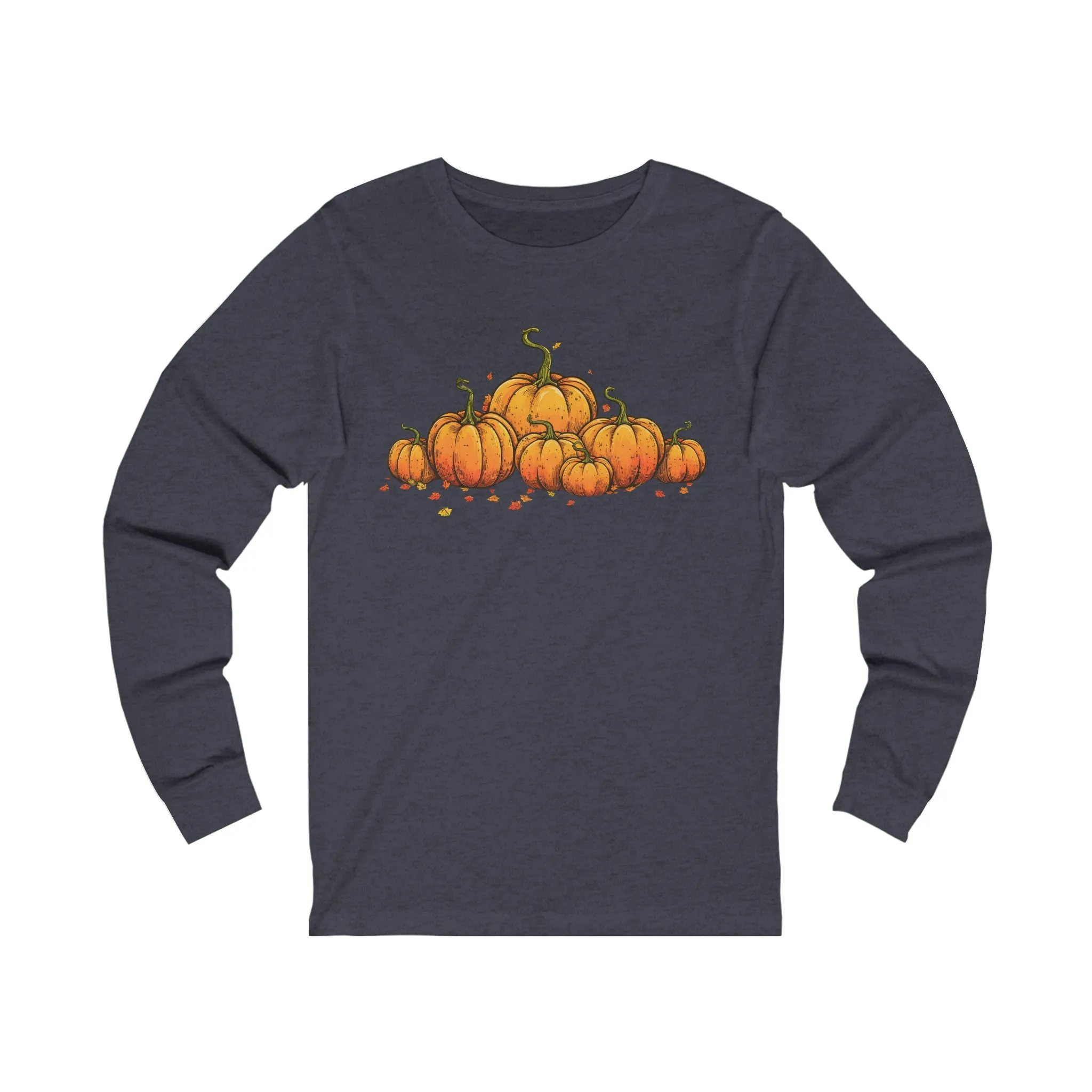Long Sleeve T-shirt with Row of Vintage Pumpkins - Simple Design - Multiple Color Options