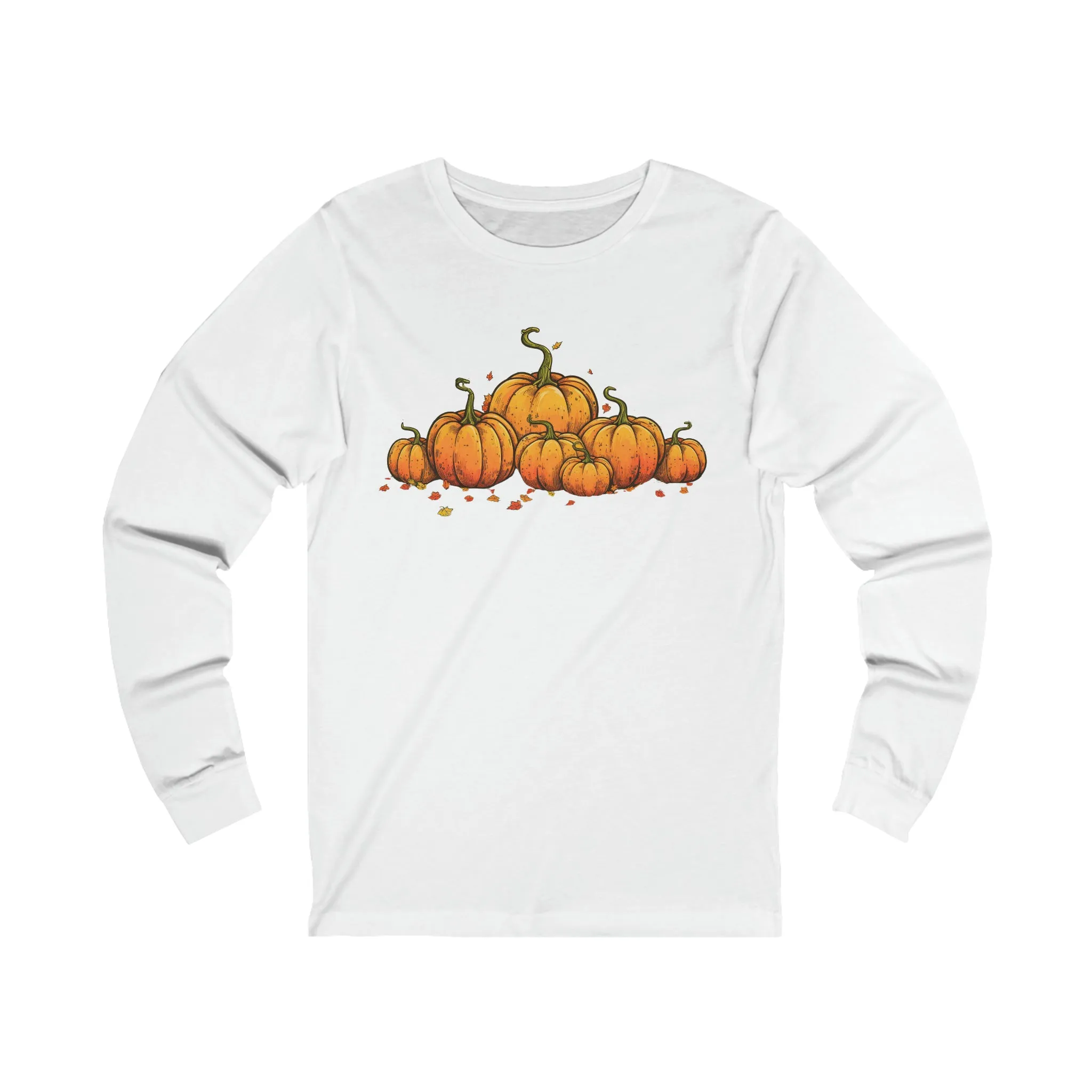Long Sleeve T-shirt with Row of Vintage Pumpkins - Simple Design - Multiple Color Options