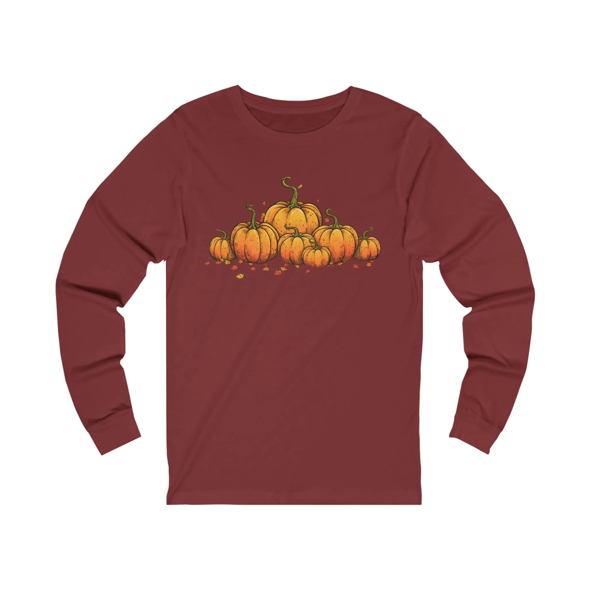 Long Sleeve T-shirt with Row of Vintage Pumpkins - Simple Design - Multiple Color Options