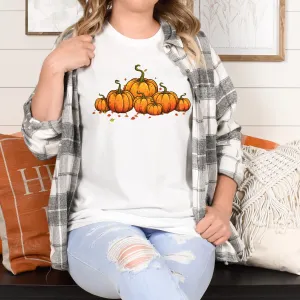 Long Sleeve T-shirt with Row of Vintage Pumpkins - Simple Design - Multiple Color Options