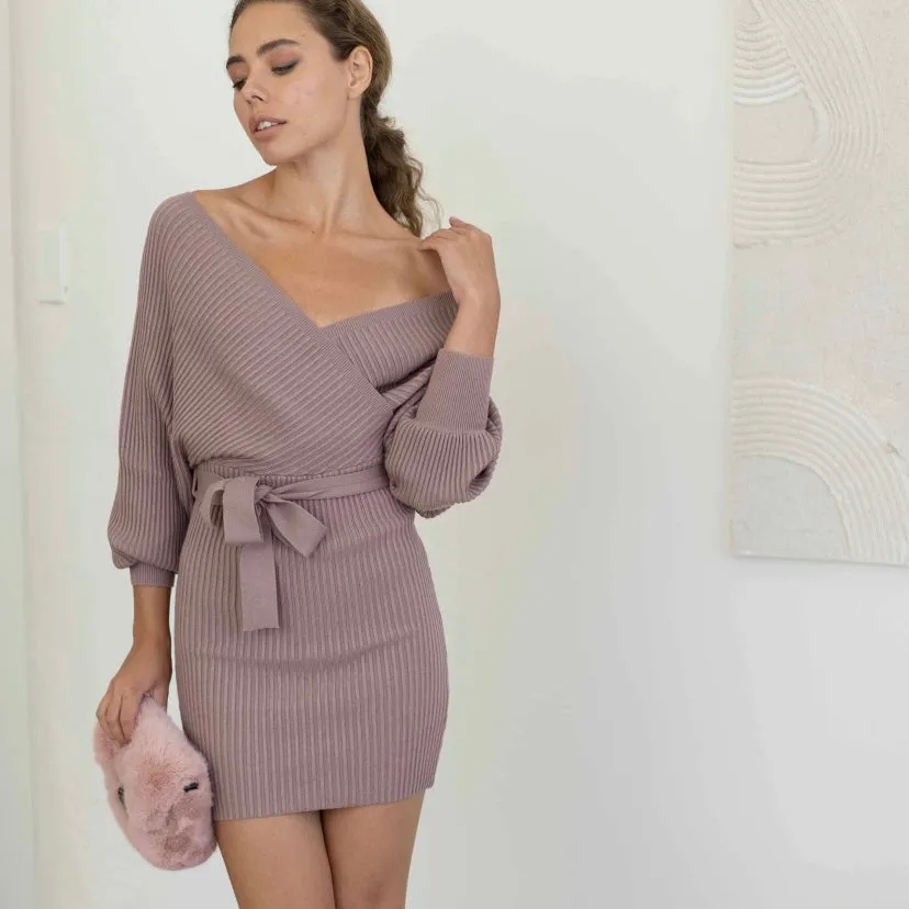 Mauve Wrap Sweater Dress