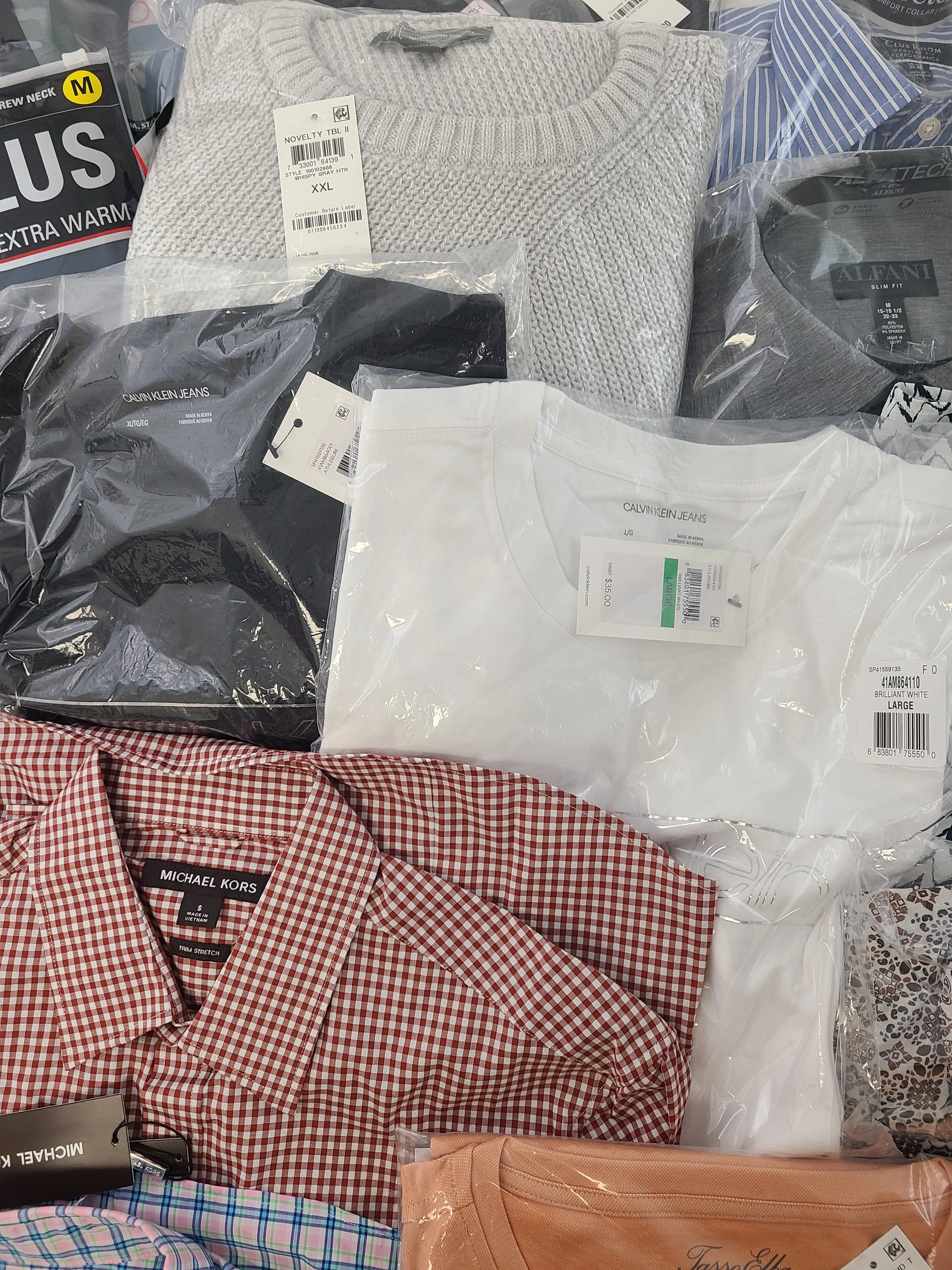 Men's Clothing Wholesale Lot Michael Kors, Polo Ralph Lauren, Calvin Klein, Adidas, American Apparel, Alfani, Club Room and more, 25 Units, Shelf Pulls, MSRP $1,605.49