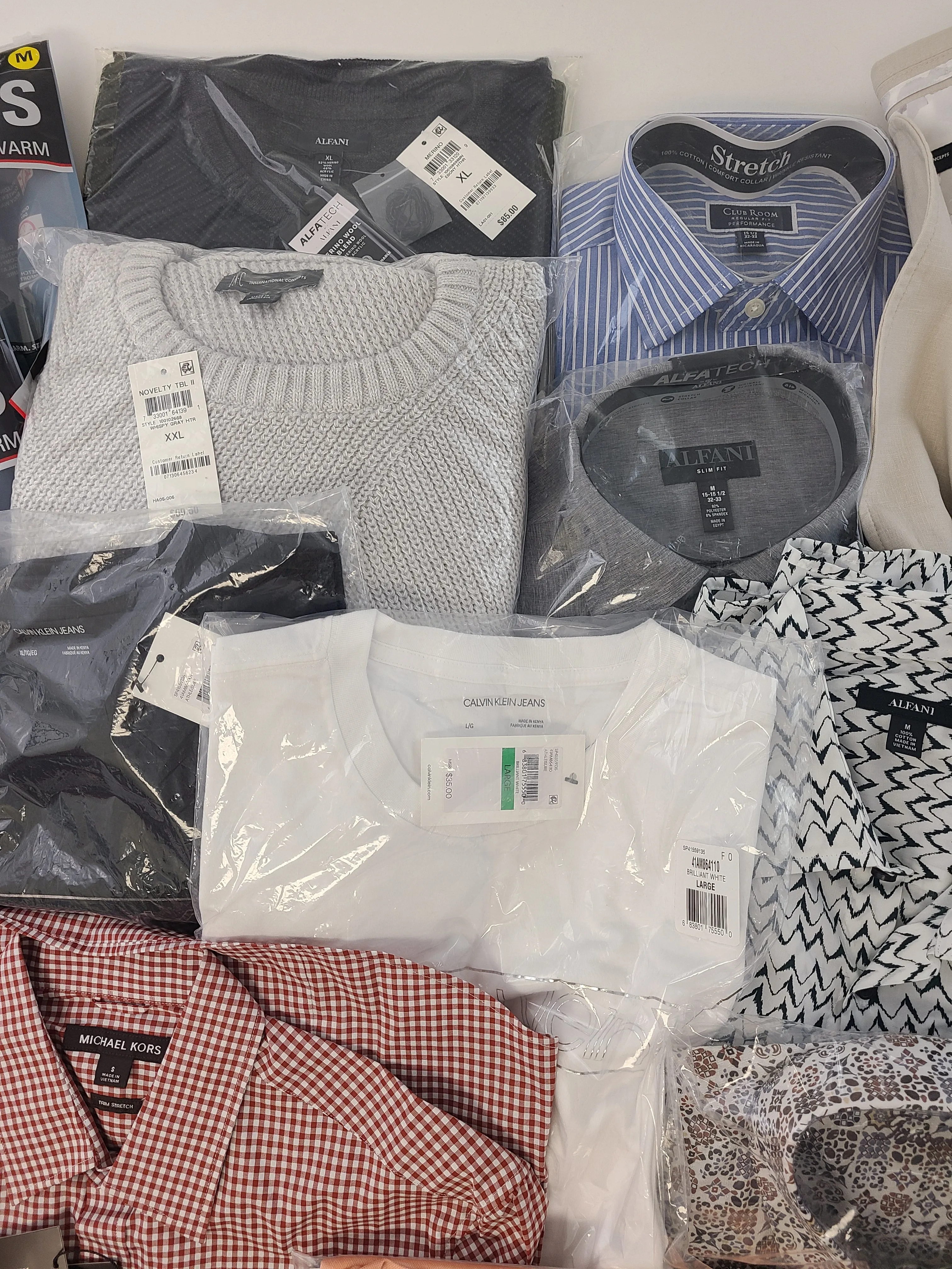 Men's Clothing Wholesale Lot Michael Kors, Polo Ralph Lauren, Calvin Klein, Adidas, American Apparel, Alfani, Club Room and more, 25 Units, Shelf Pulls, MSRP $1,605.49