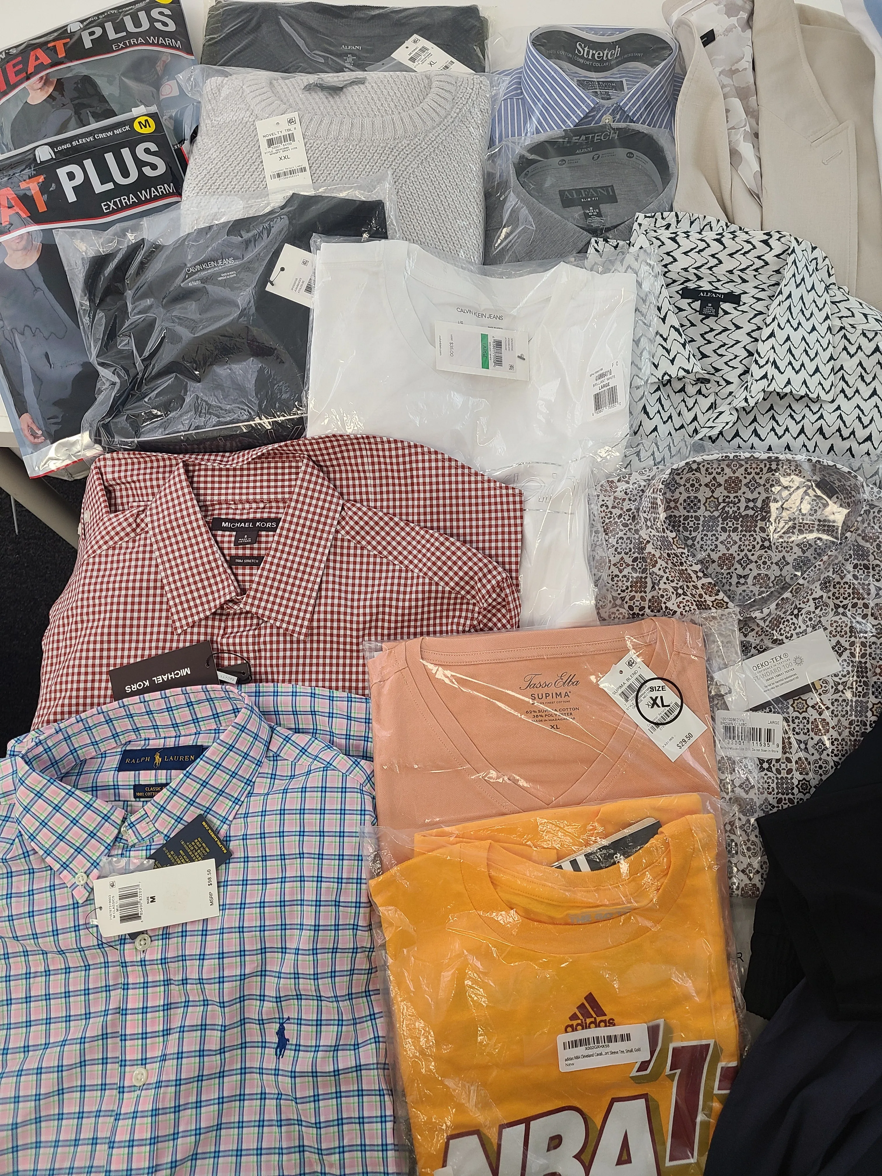 Men's Clothing Wholesale Lot Michael Kors, Polo Ralph Lauren, Calvin Klein, Adidas, American Apparel, Alfani, Club Room and more, 25 Units, Shelf Pulls, MSRP $1,605.49