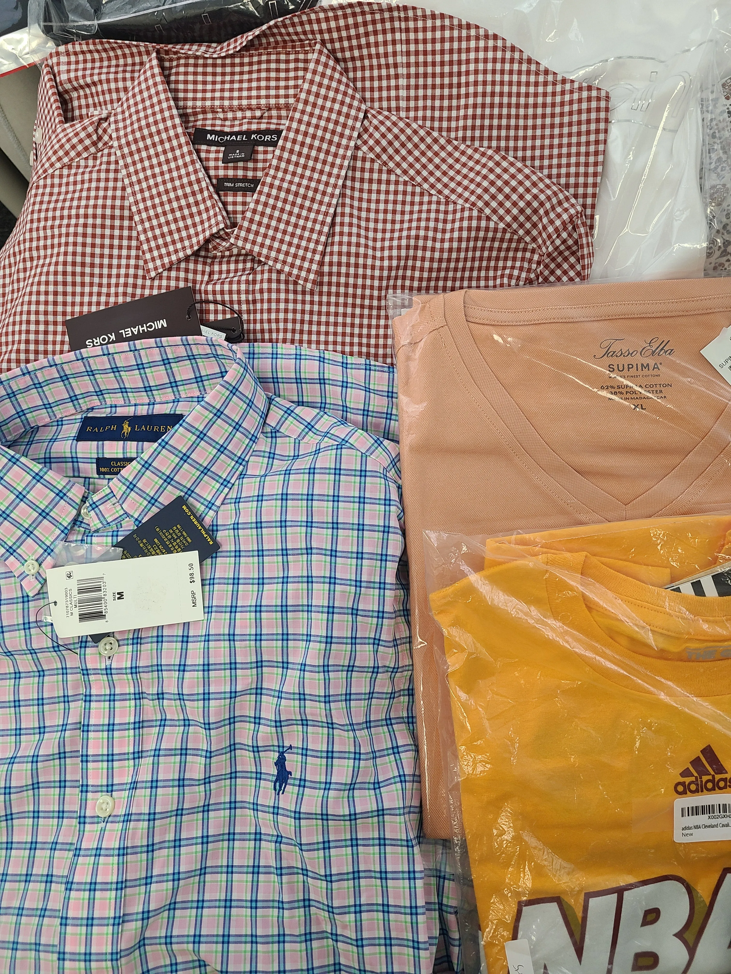 Men's Clothing Wholesale Lot Michael Kors, Polo Ralph Lauren, Calvin Klein, Adidas, American Apparel, Alfani, Club Room and more, 25 Units, Shelf Pulls, MSRP $1,605.49
