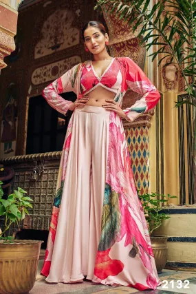 Powder Pink Long Jacket Set with Embroidered Blouse