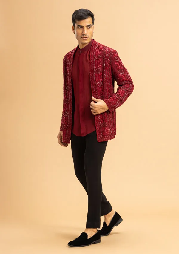 Red Georgette Bandhgala With Cut Dana work